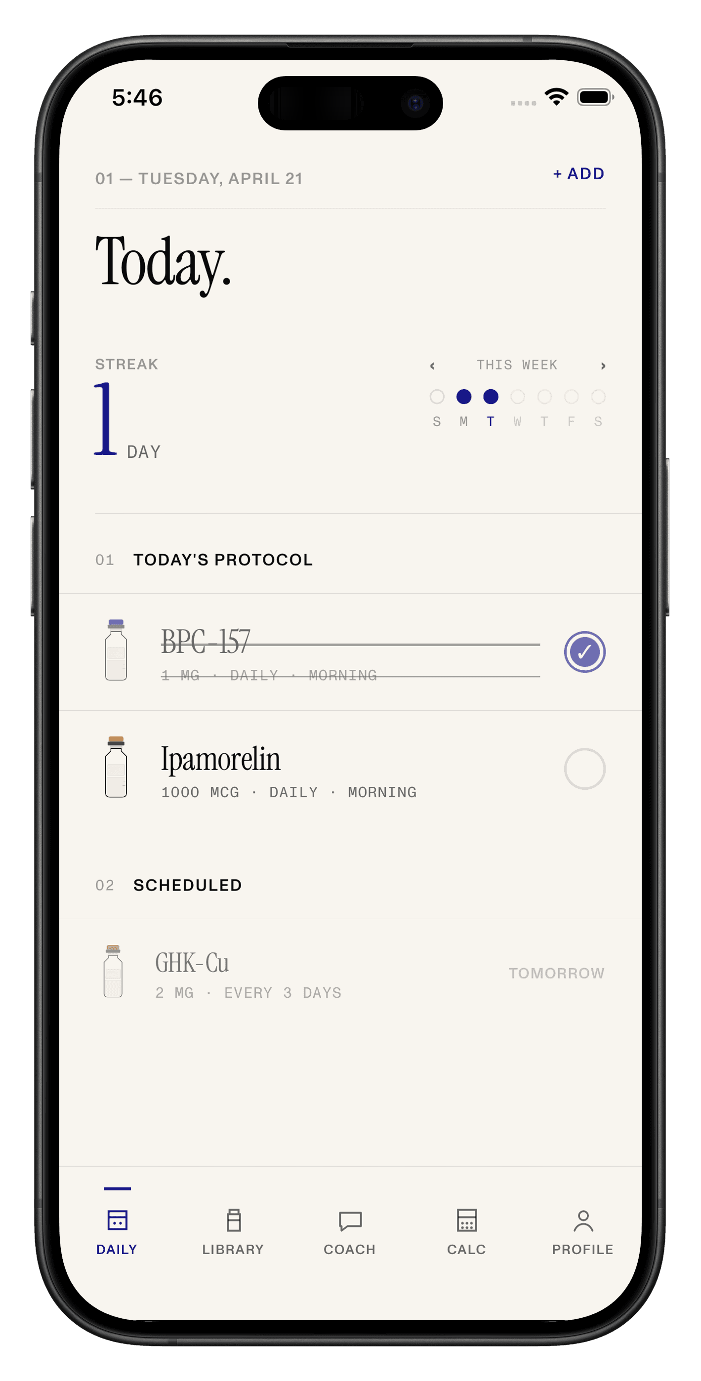 Oris daily tracker showing today’s protocol with BPC-157 and Ipamorelin