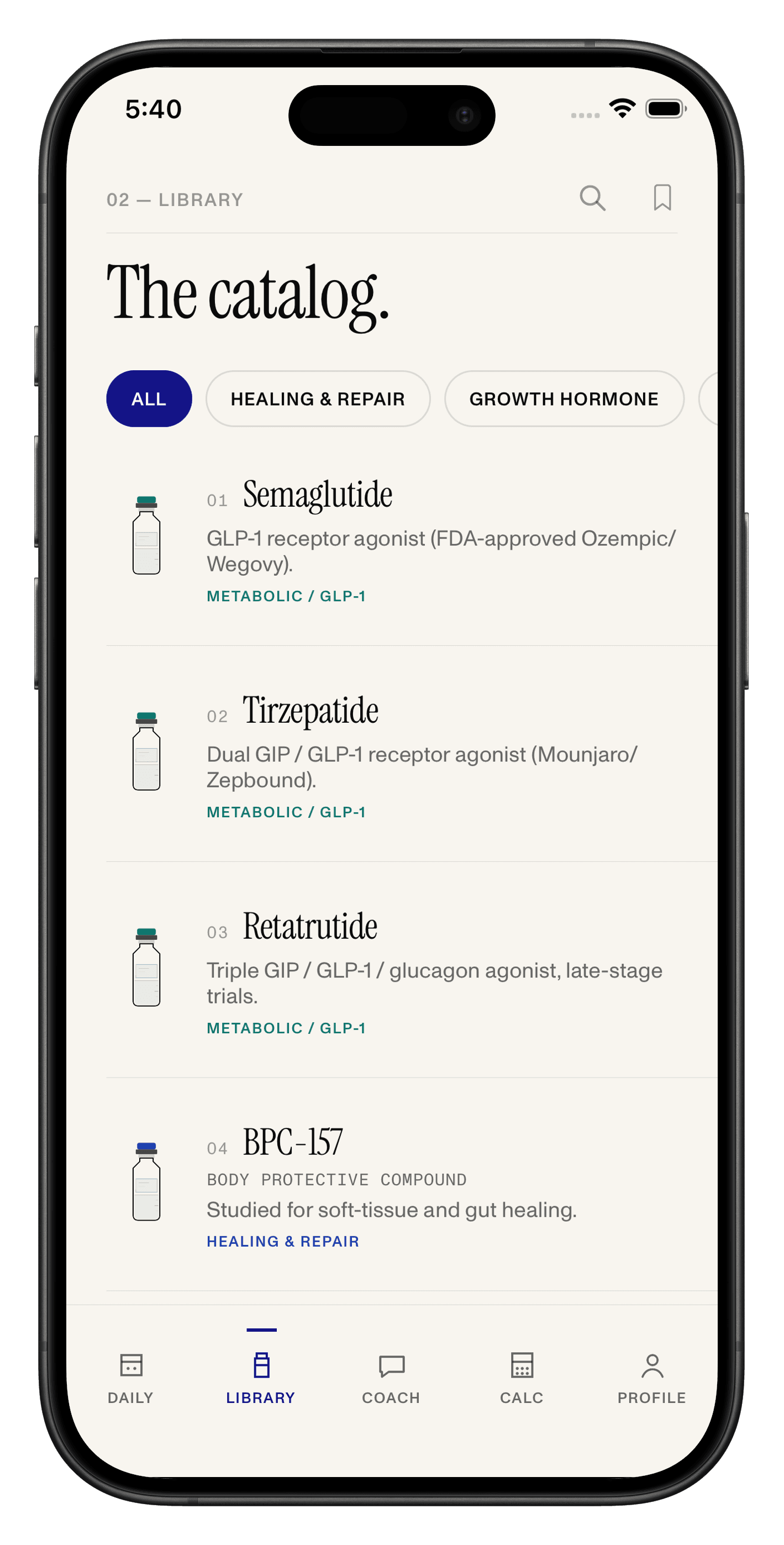 Oris peptide library catalog showing Semaglutide, Tirzepatide, and Retatrutide entries