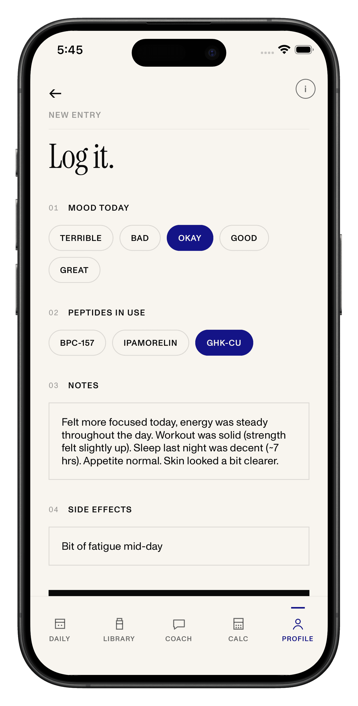 Oris journal entry screen with mood selection and peptide notes
