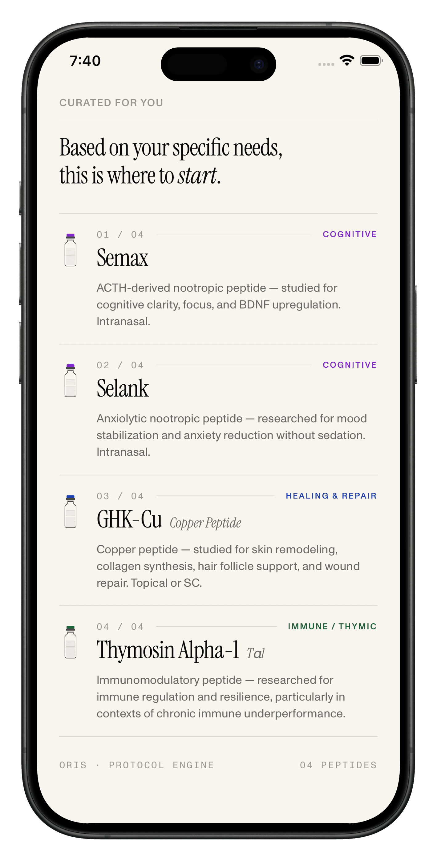 Oris protocol engine showing a curated set of peptides for your specific needs